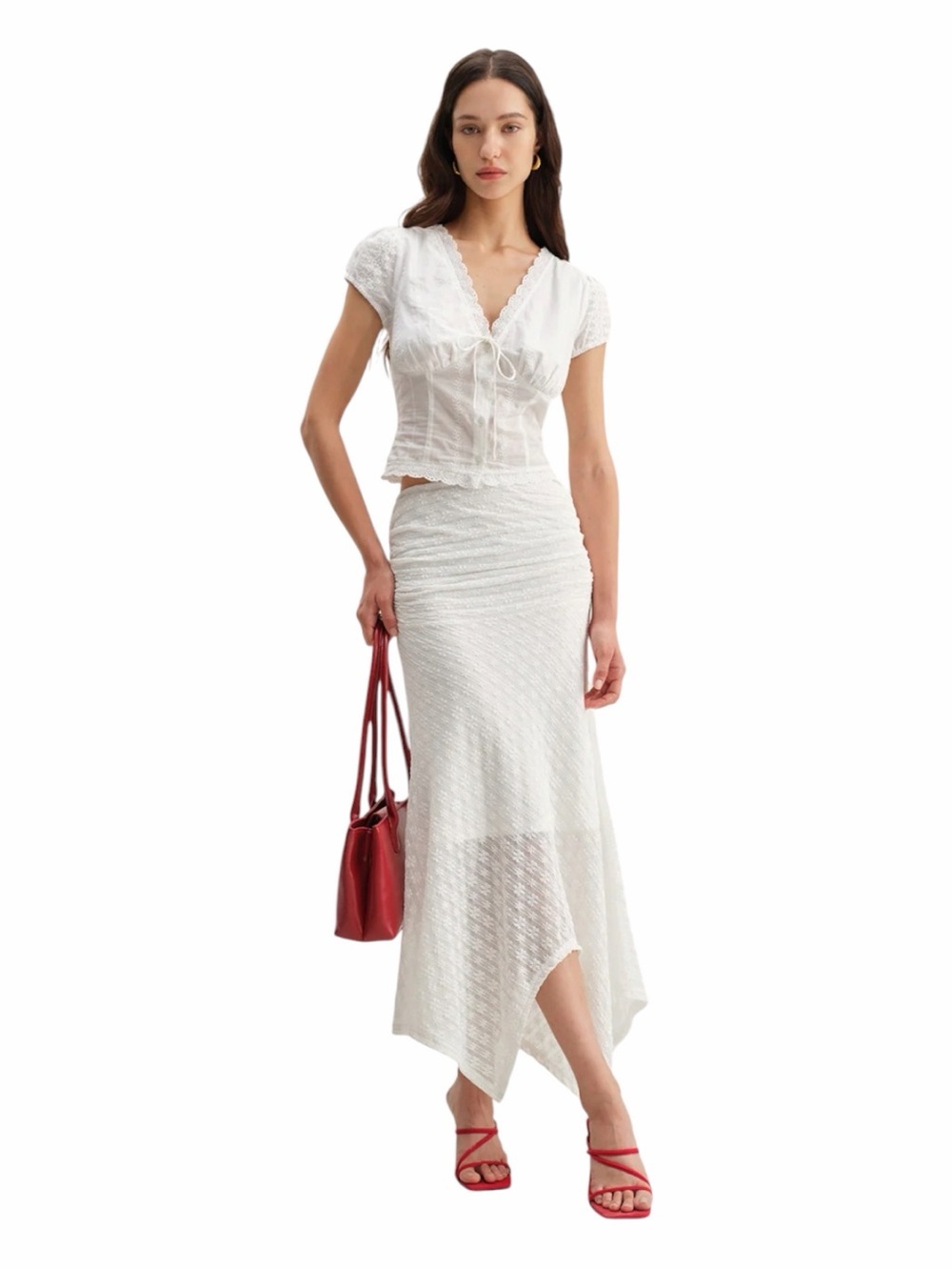 NWT Rihoas White Crochet Lace Embroidered Tie Front Blouse Top Size M